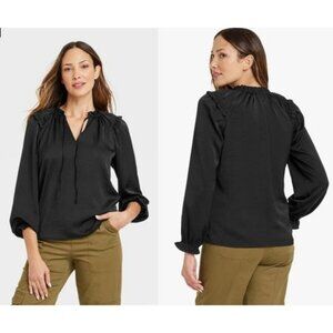 Knox Rose Women's Long Sleeve Satin Top Black Small